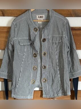 A.M.X. Navy/Cream Striped Cotton Jacket Brass Accents Hook Closure Size 1X